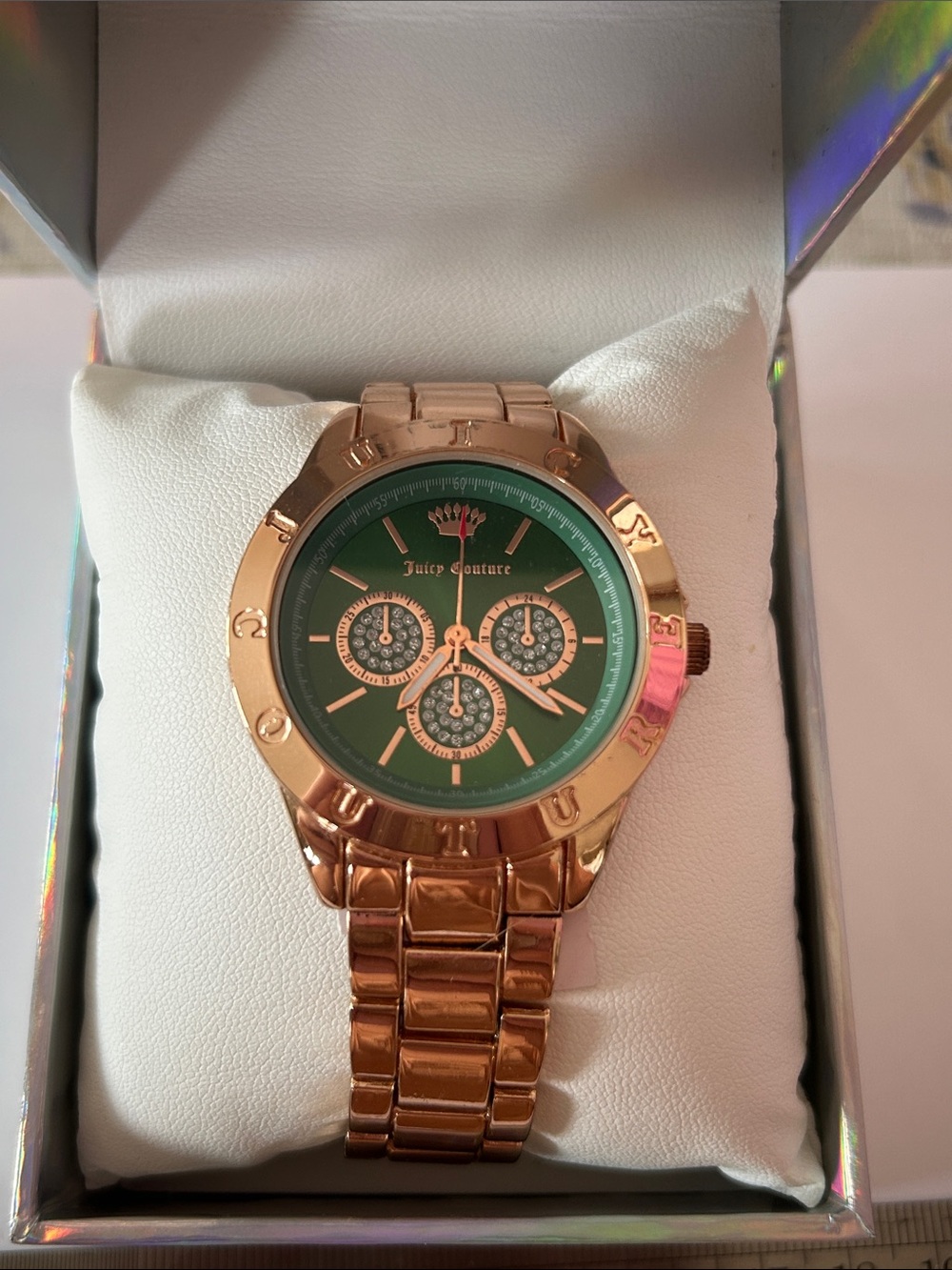 Juicy Couture Stainless Steel Gold Wrist Watch Green Face & Rhinestones UNTESTED